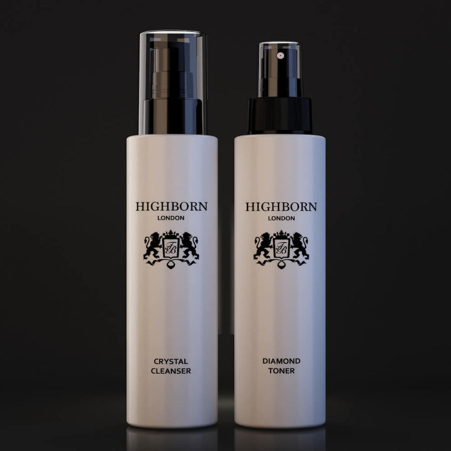 Two Highborn London skincare bottles on a black background