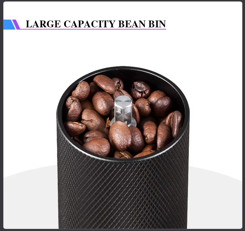 Coffee grinder with coffee beans inside on a white background