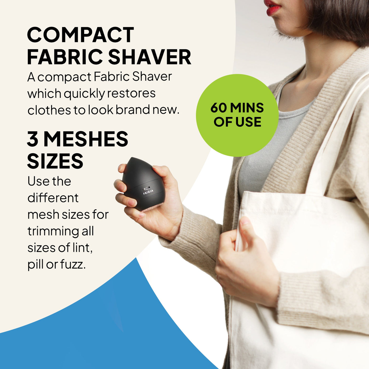 Compact fabric shaver with text on a white background