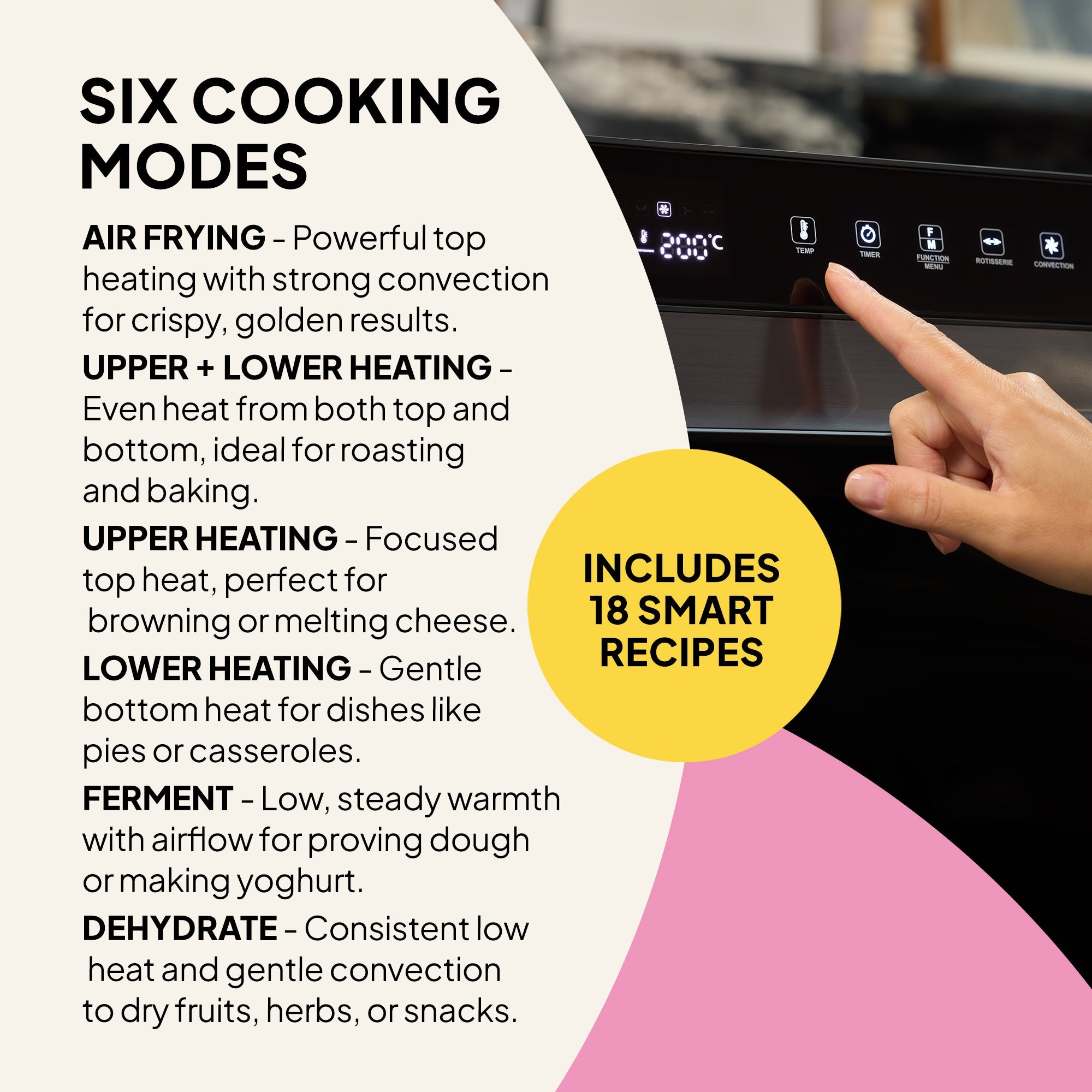 Oven control panel with cooking modes and smart recipes highlighted