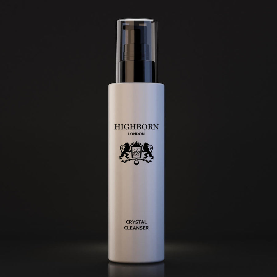 Highborn London crystal cleanser bottle on a black background