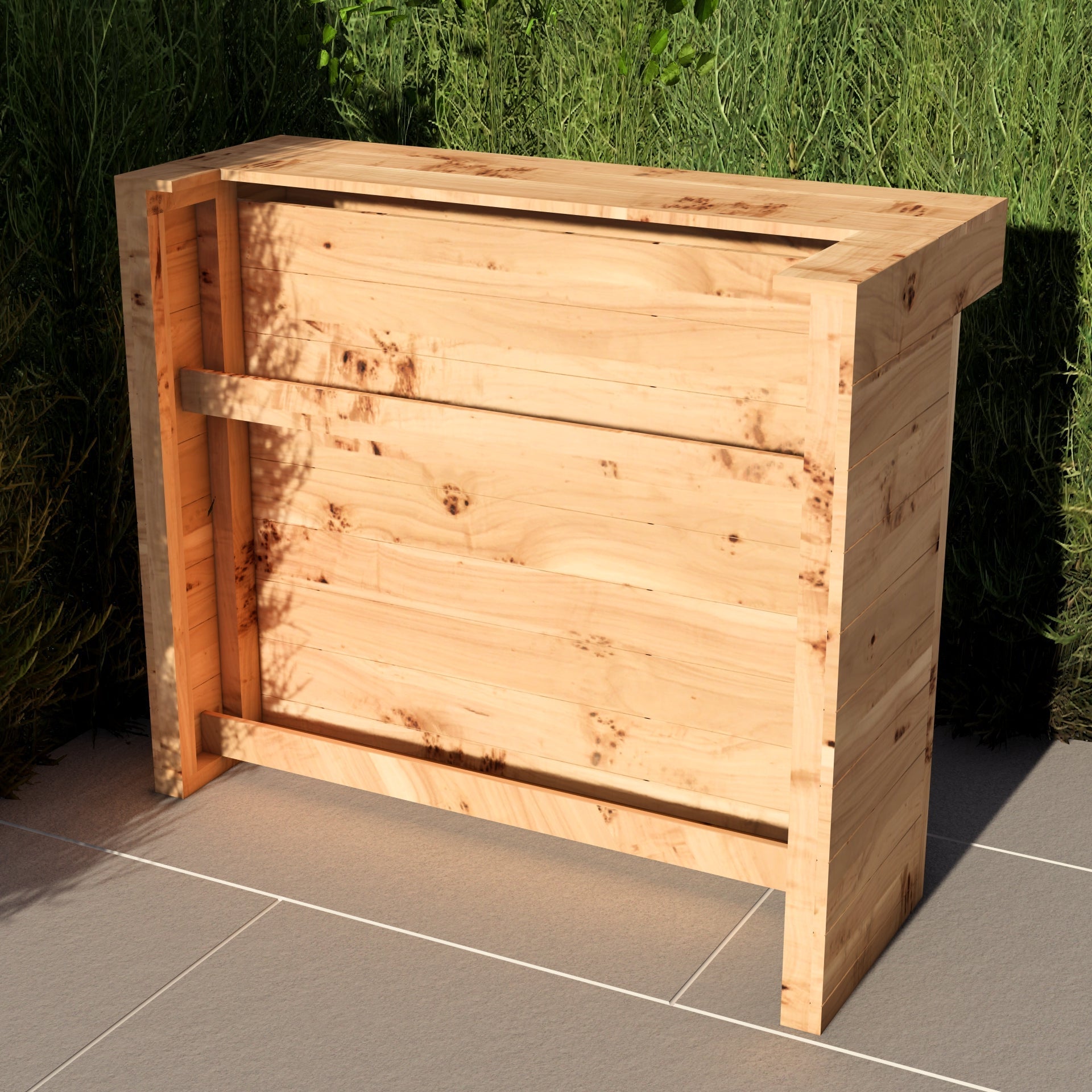 Wooden planter box on a tiled floor with grass in the background