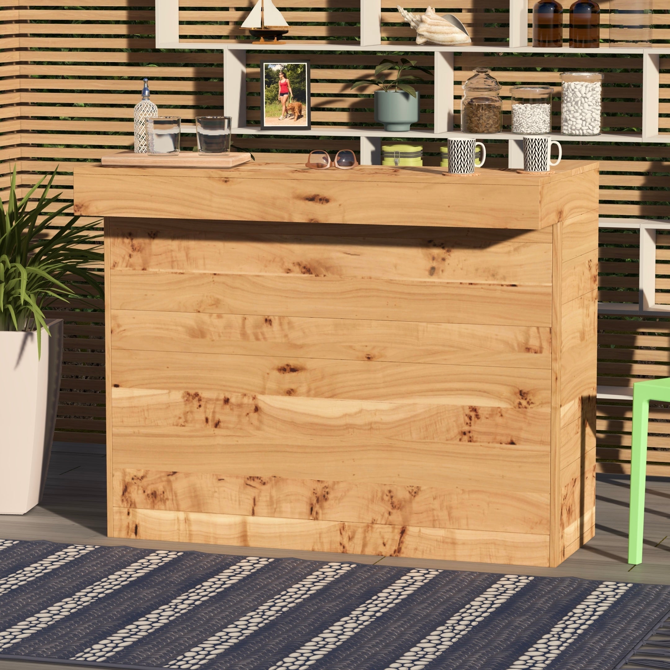 Wooden outdoor bar with shelves in the background