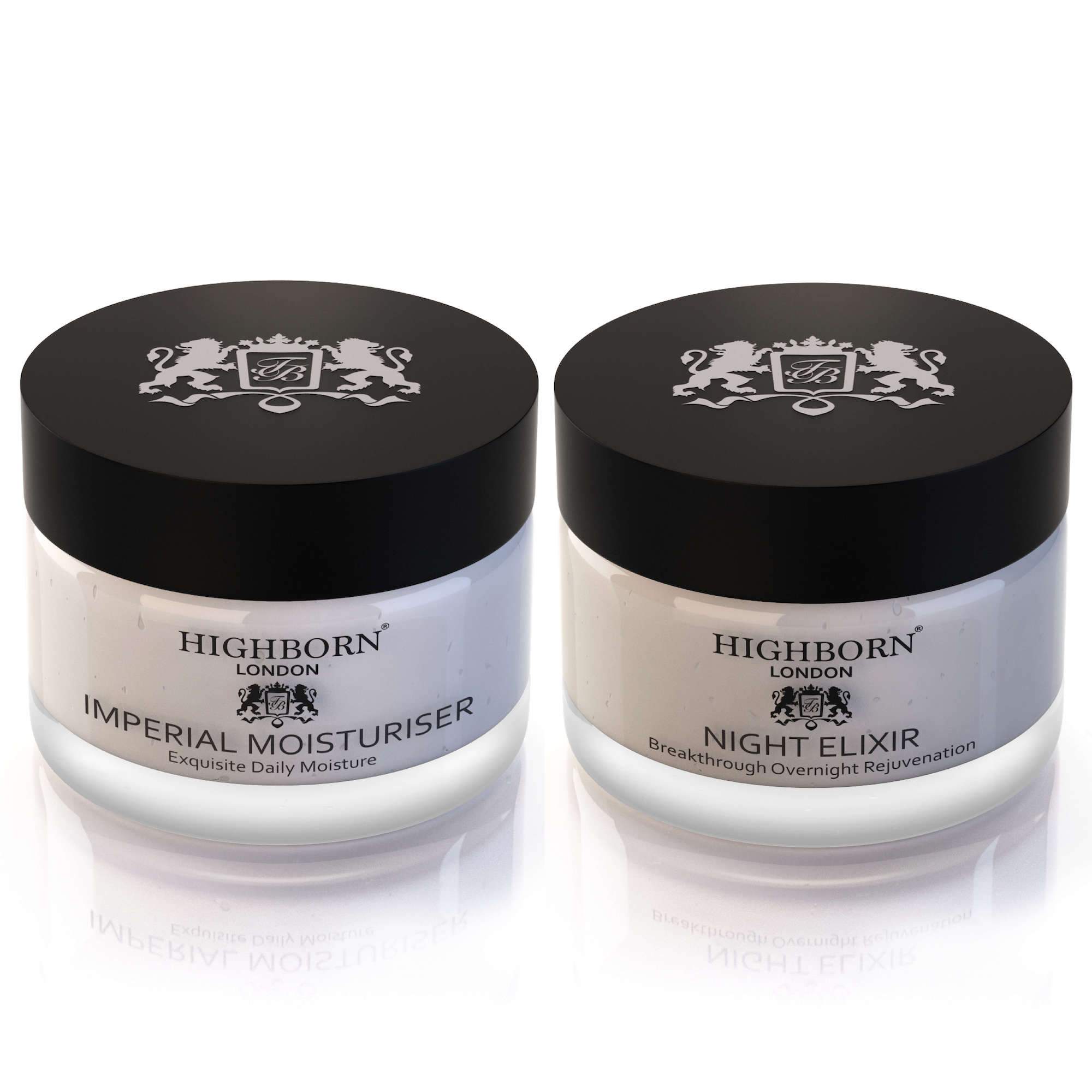 Two jars of Highborn London skincare products on a white background