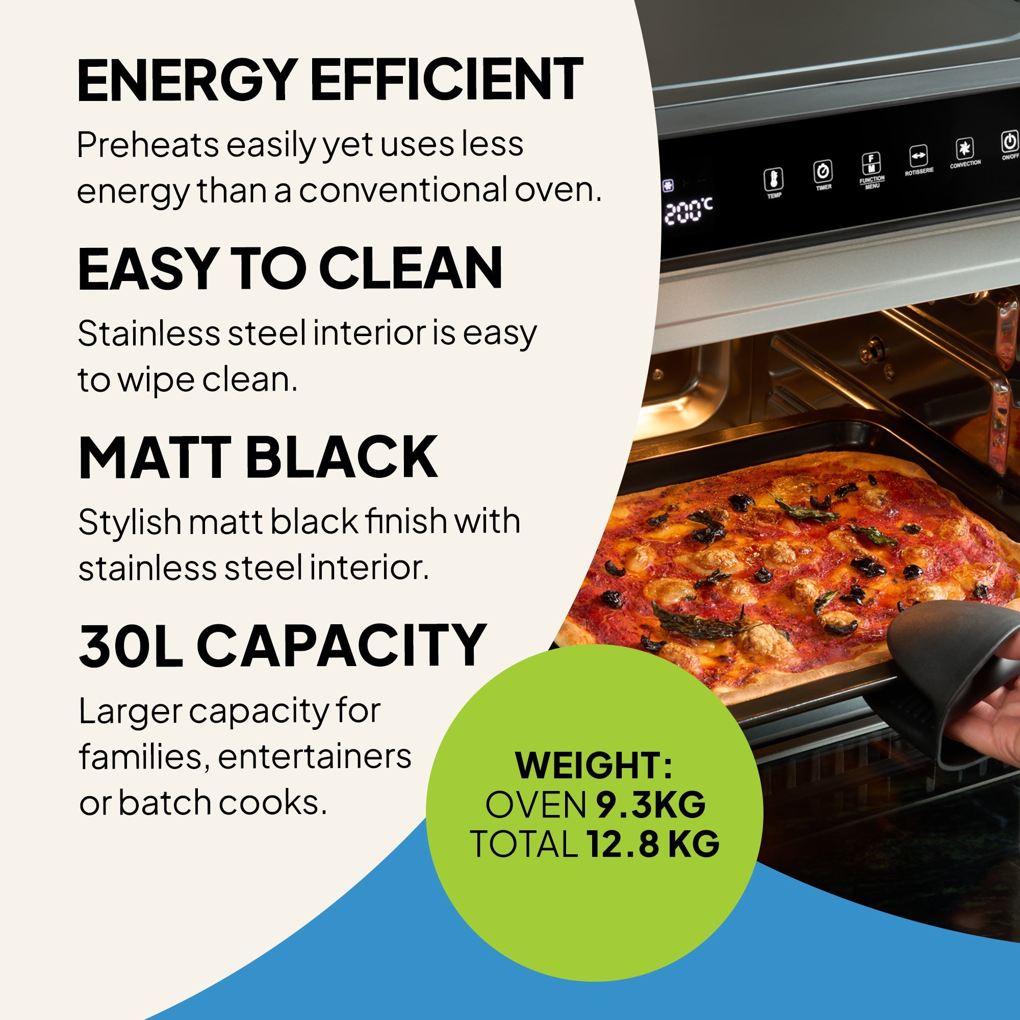 Oven with pizza inside, featuring text on energy efficiency, ease of cleaning, finish, capacity, and weight.