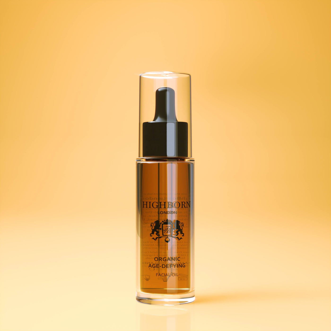 Skincare serum bottle labeled 'Highborn' on a gradient yellow background