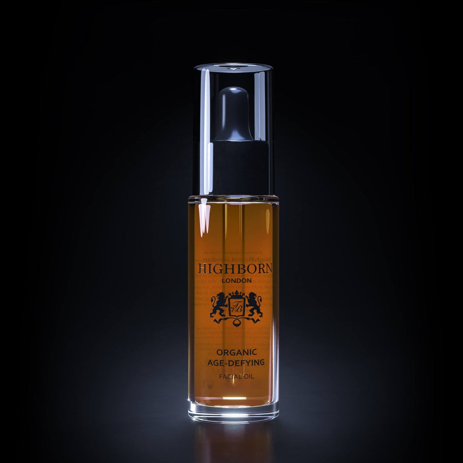 Bottle of Highborn London organic face oil on a black background
