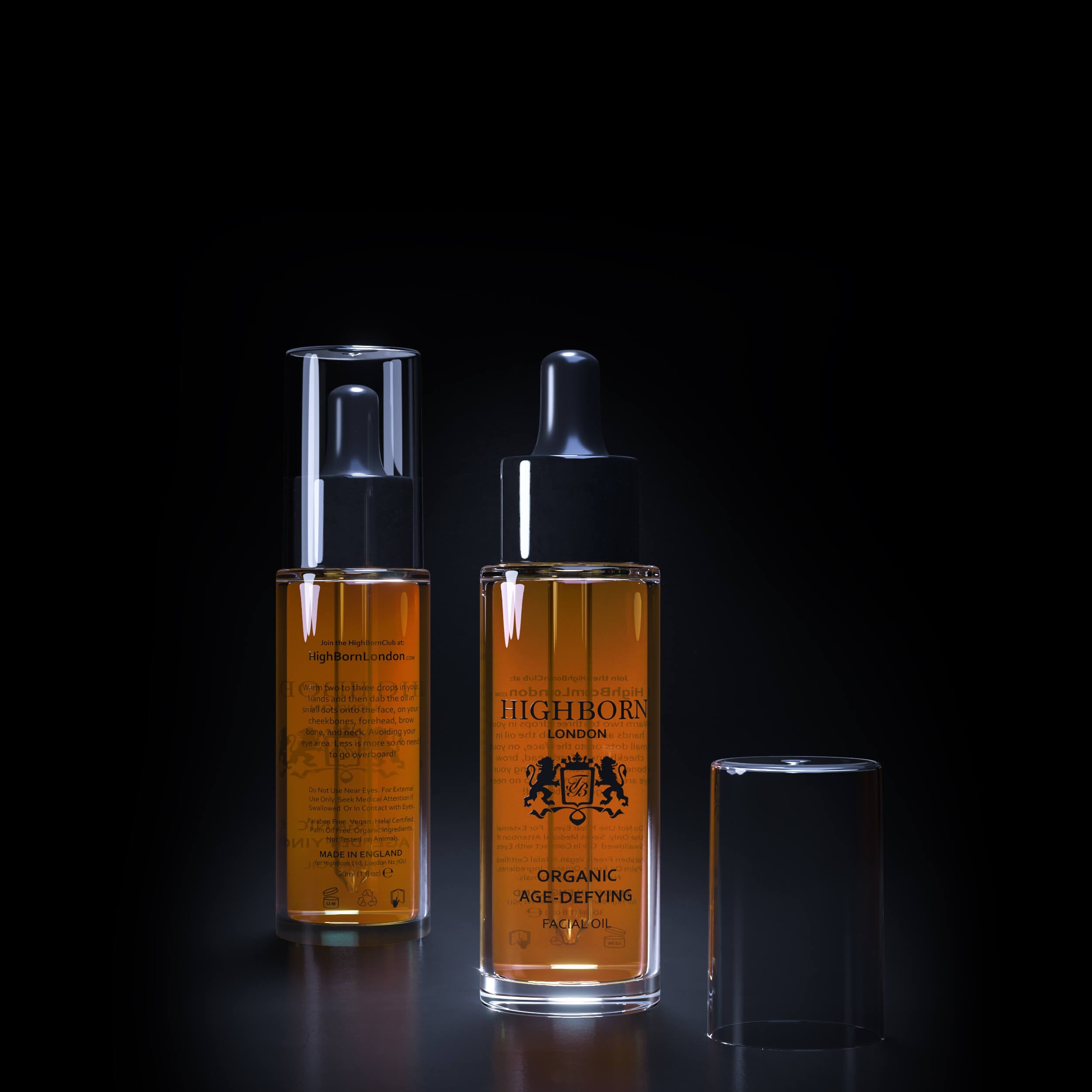 Two bottles of Highborn London organic age-defying oil on a black background