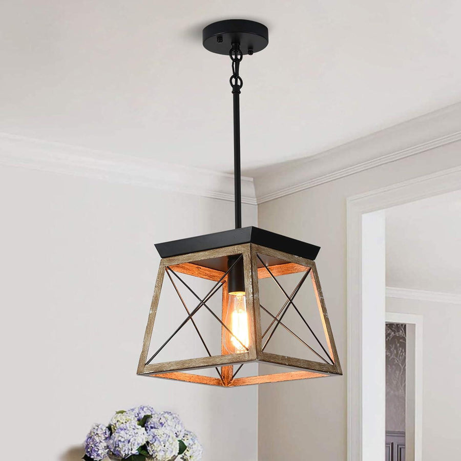 Farmhouse Pendant Light Metal Cage with Wooden Finish 1-Light Rustic - Massive Discounts