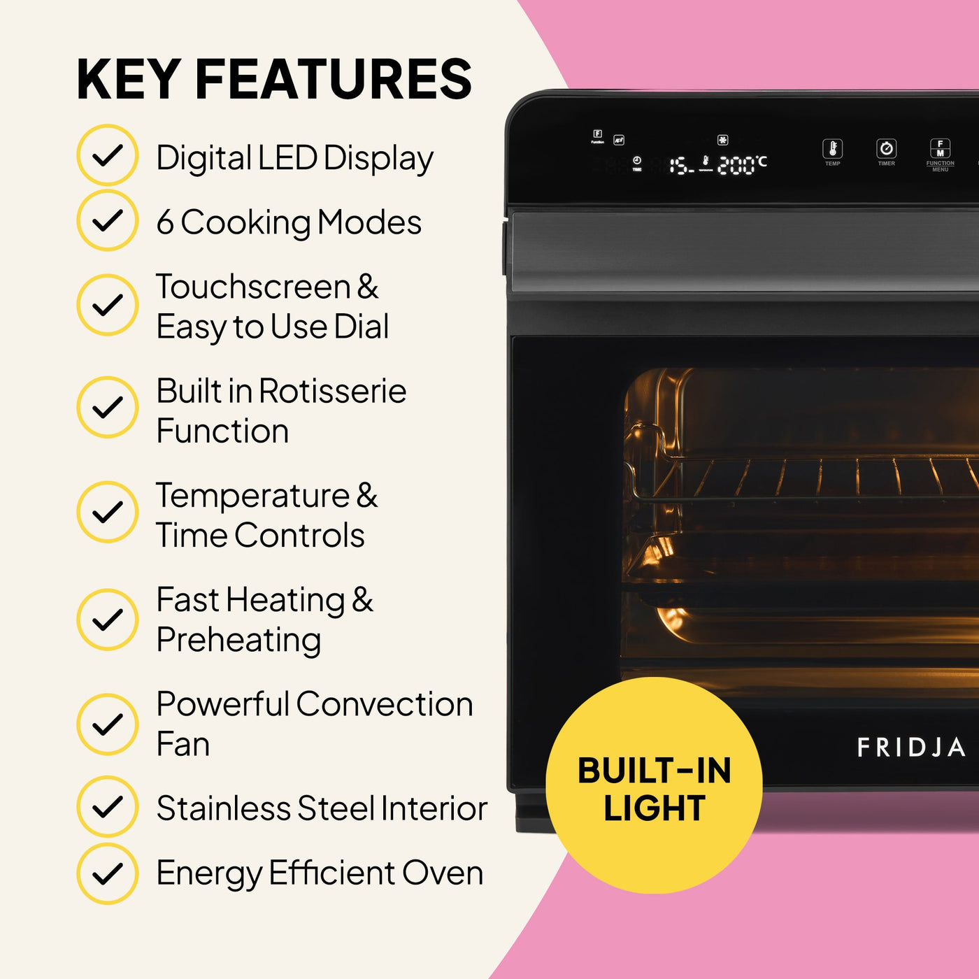 Oven with key features listed on a white and pink background