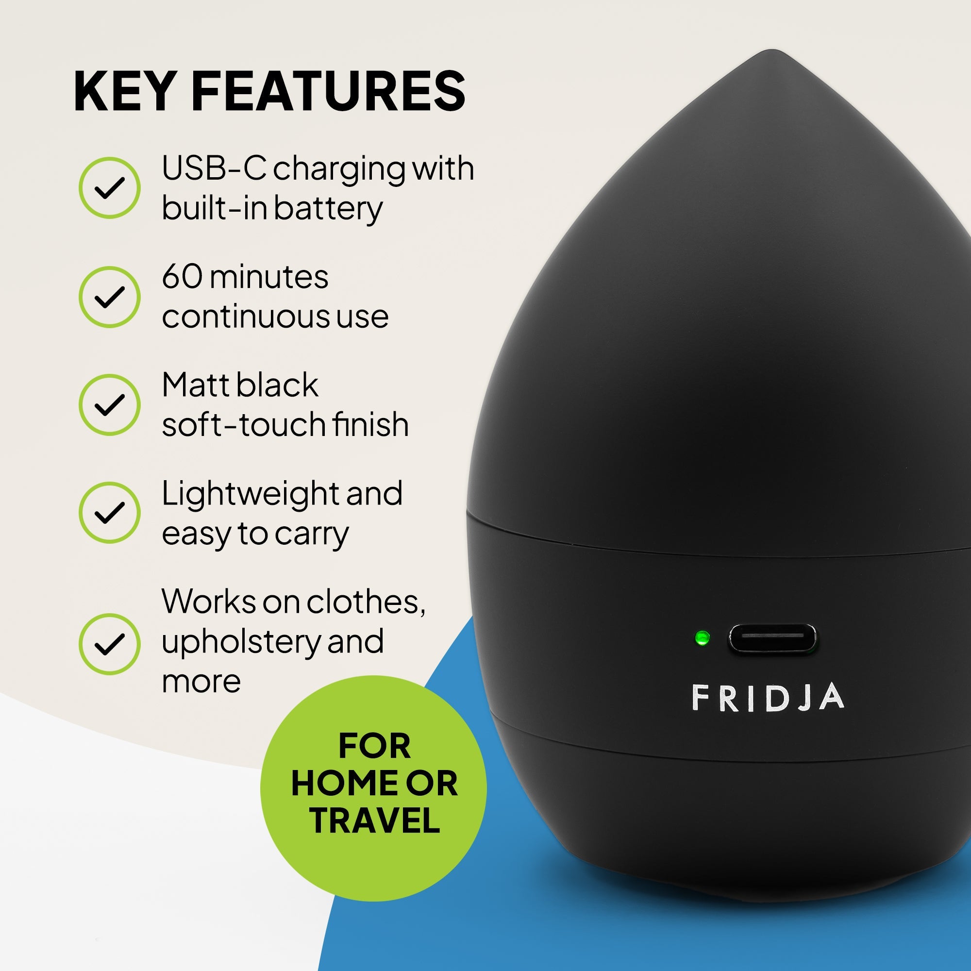 Black Fridja device with key features listed on a white background