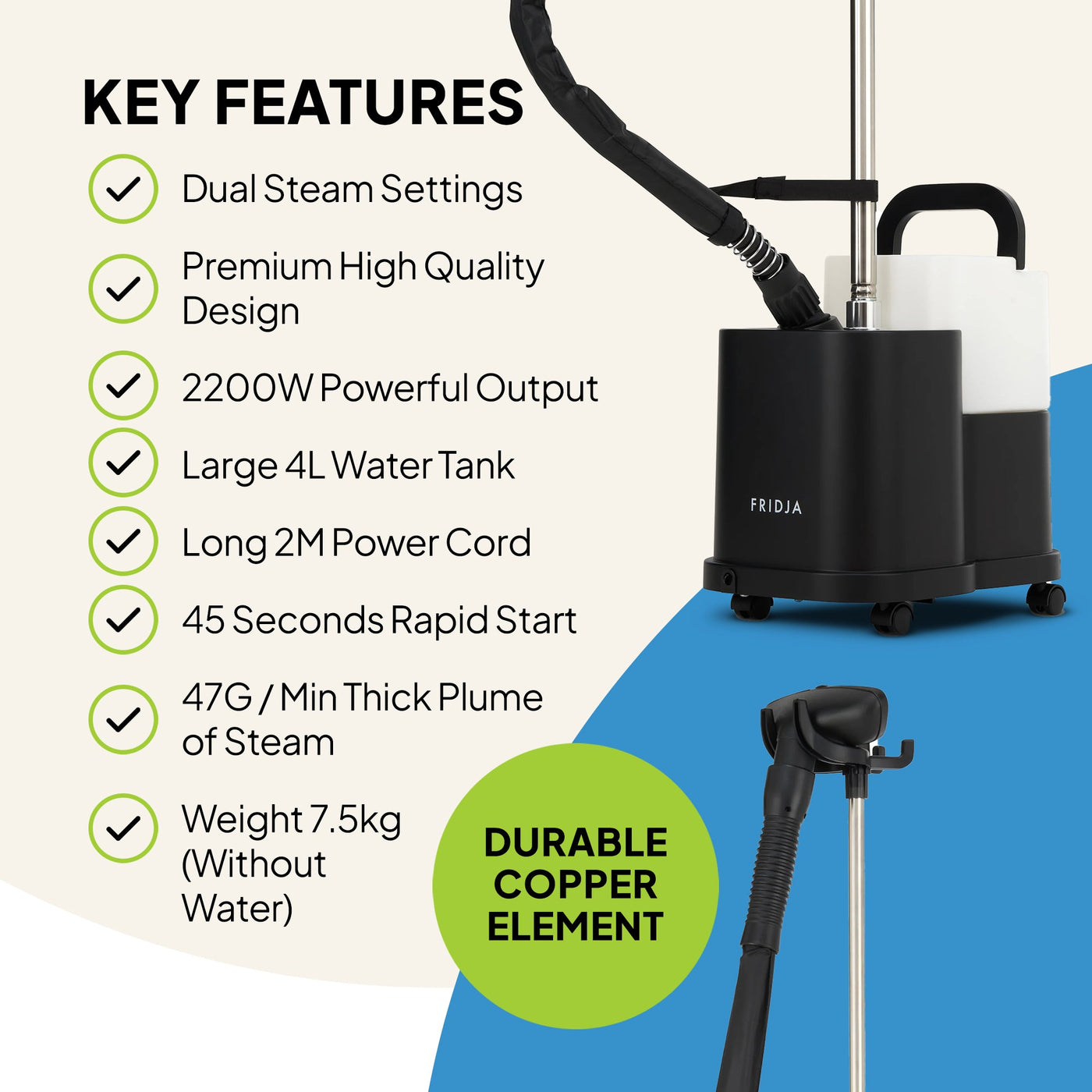 Steam cleaner with key features listed on a white and blue background