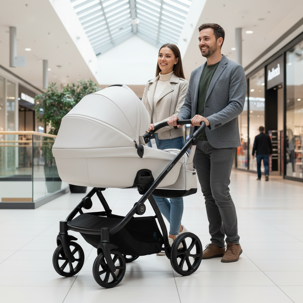 Man and woman pushing a baby stroller in a modern building