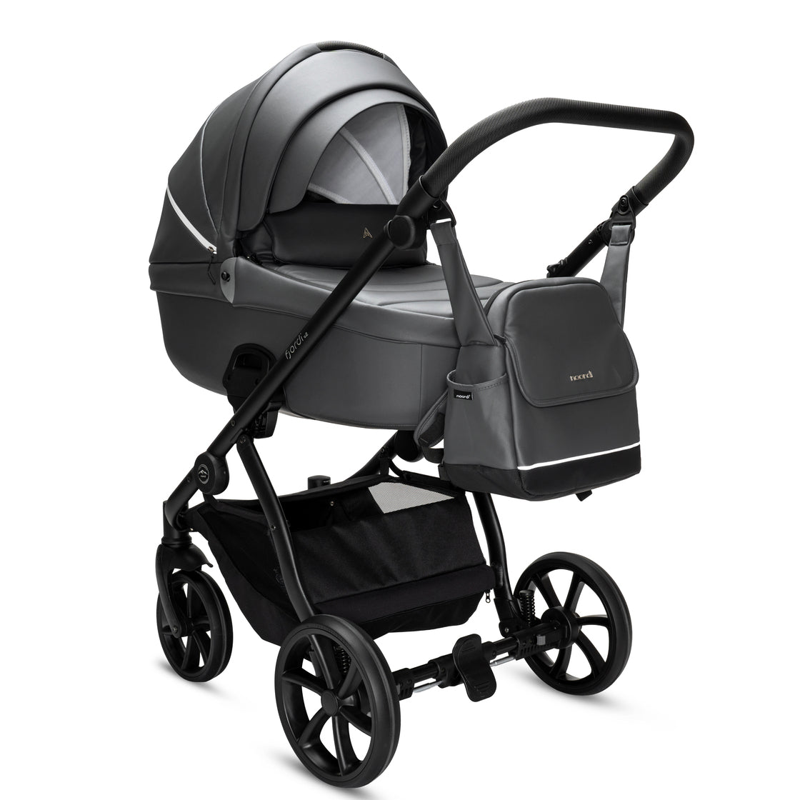 Black and gray baby stroller with car seat on a white background