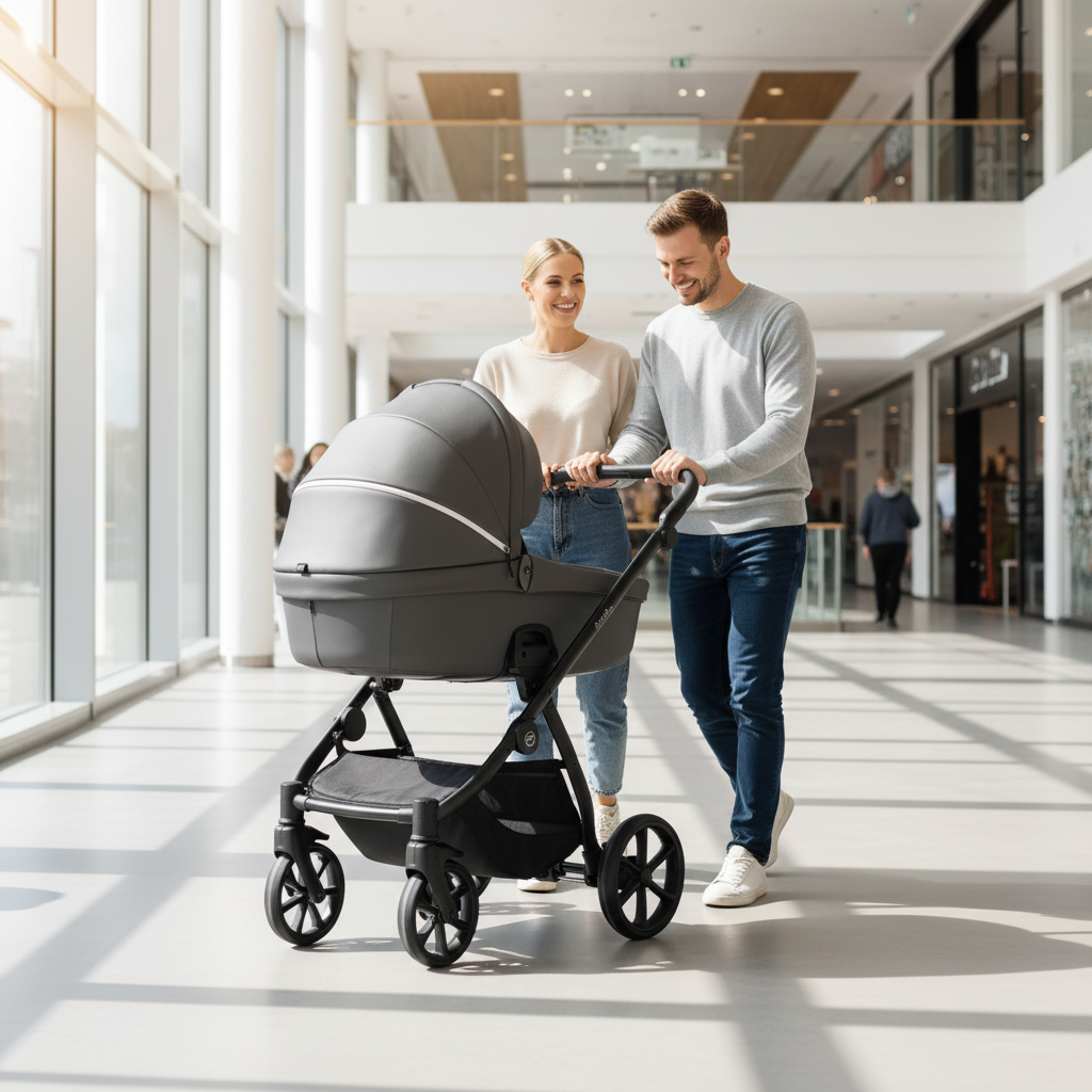 Man and woman pushing a stroller in a modern building