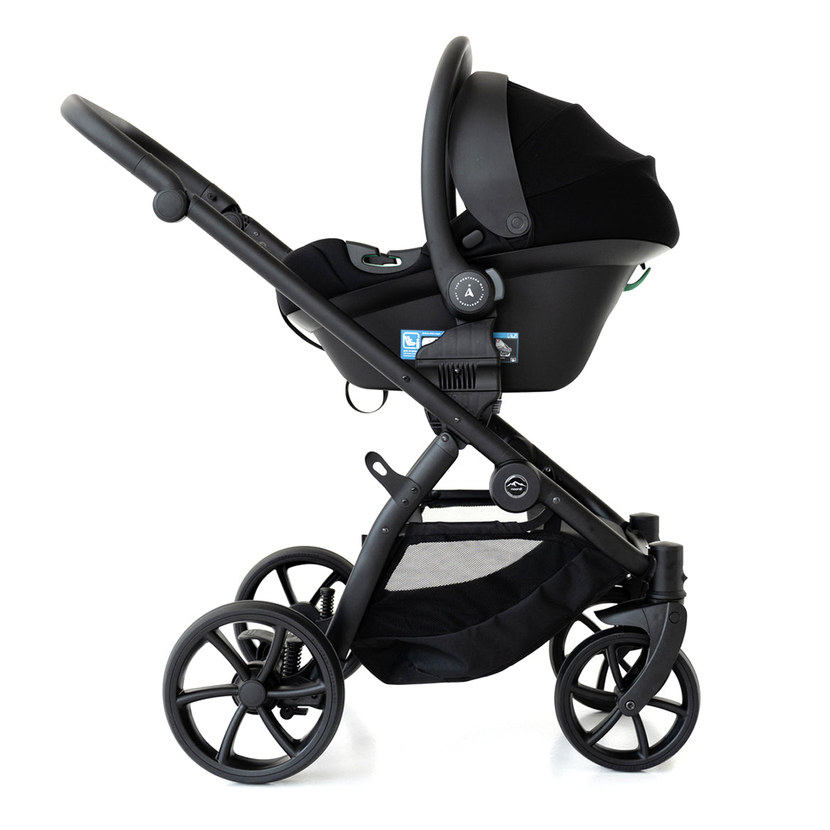 Black stroller with baby seat on a white background