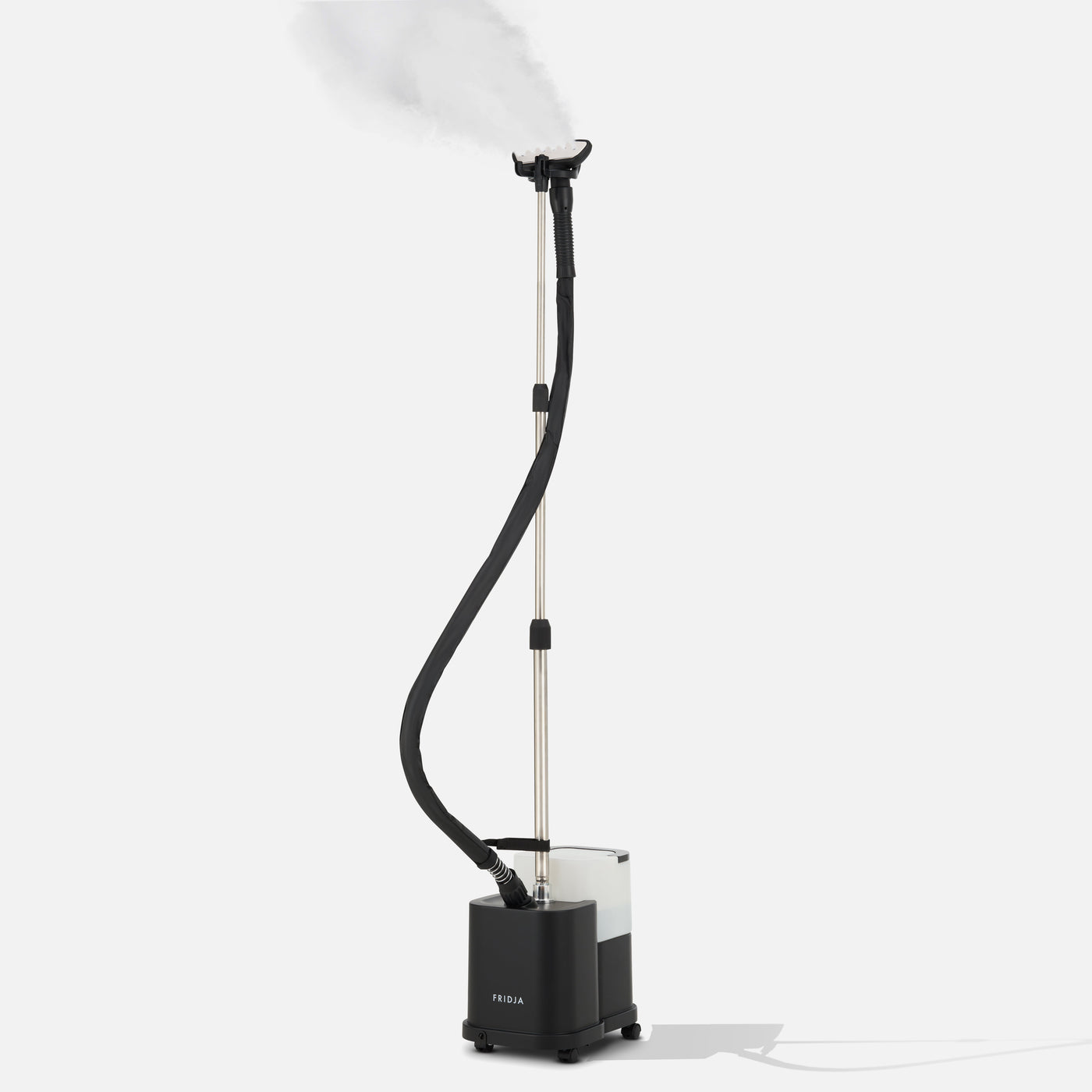 Black garment steamer with a long hose on a white background