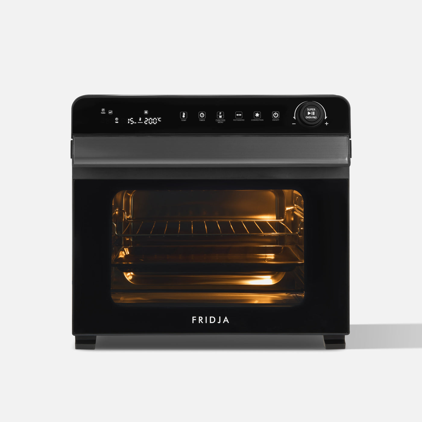 Black oven with open door displaying interior, on a white background, branded 'Fridja'.