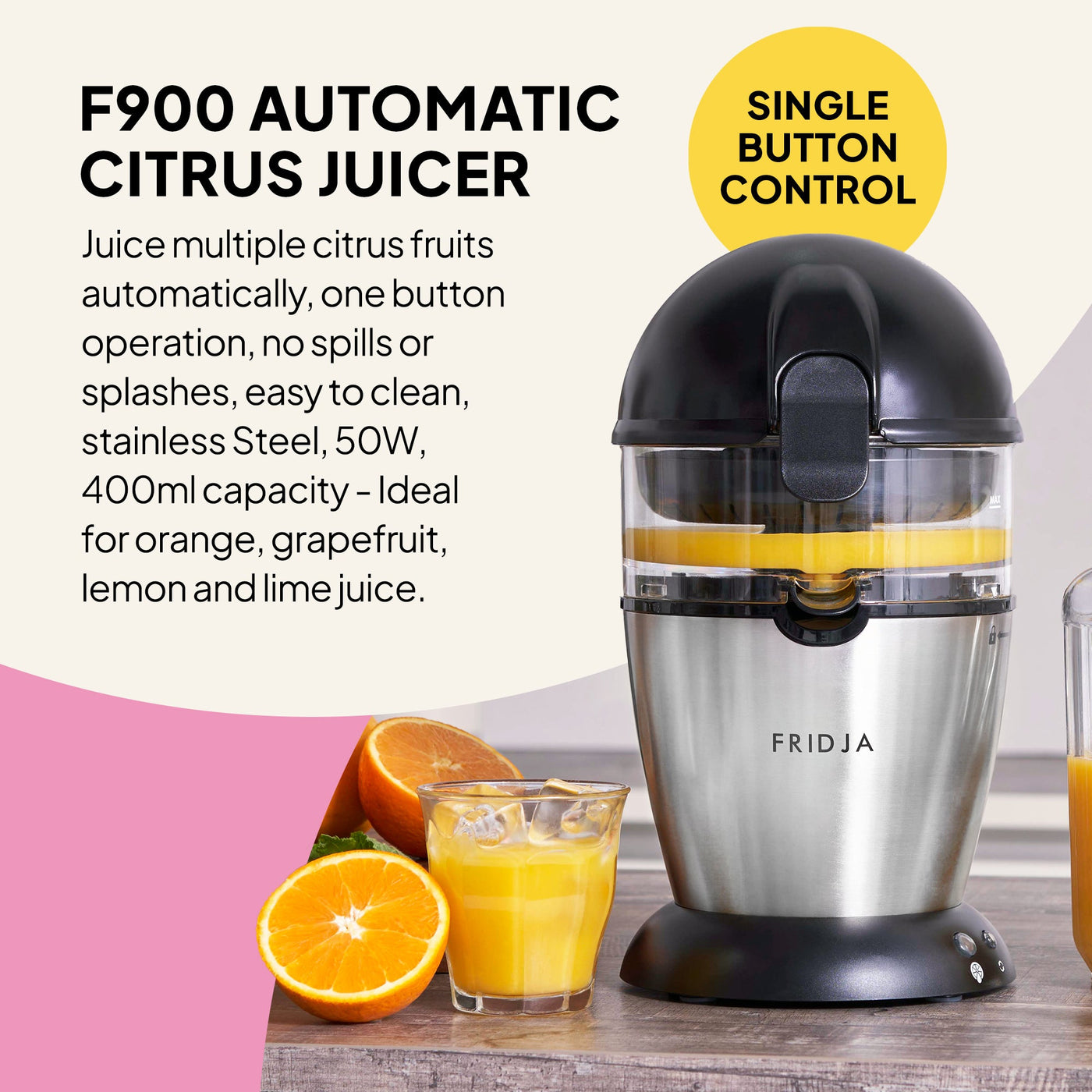 Fridja F900 Automatic Citrus Juicer with text on a white background