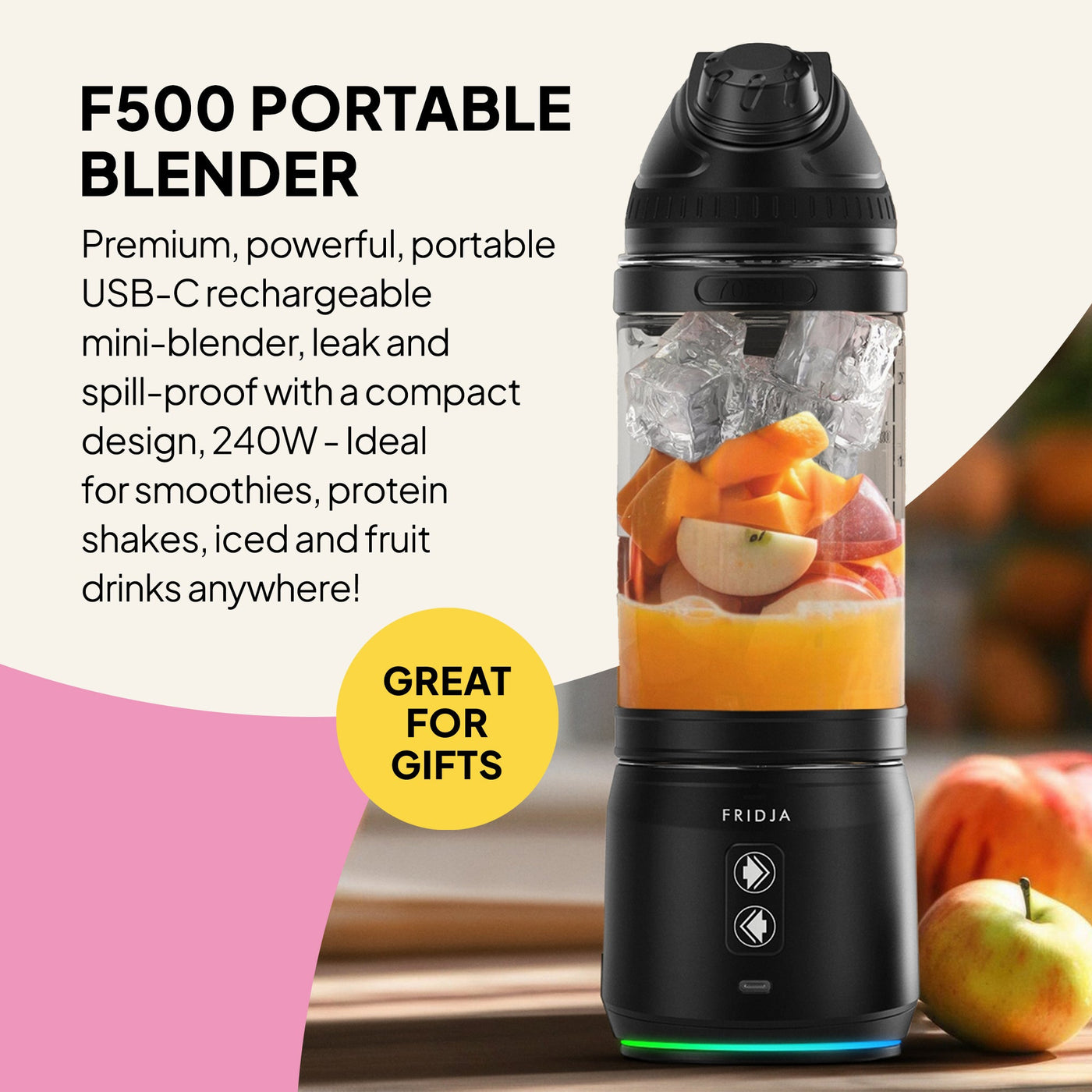 Portable blender with fruits inside, surrounded by promotional text and graphics.