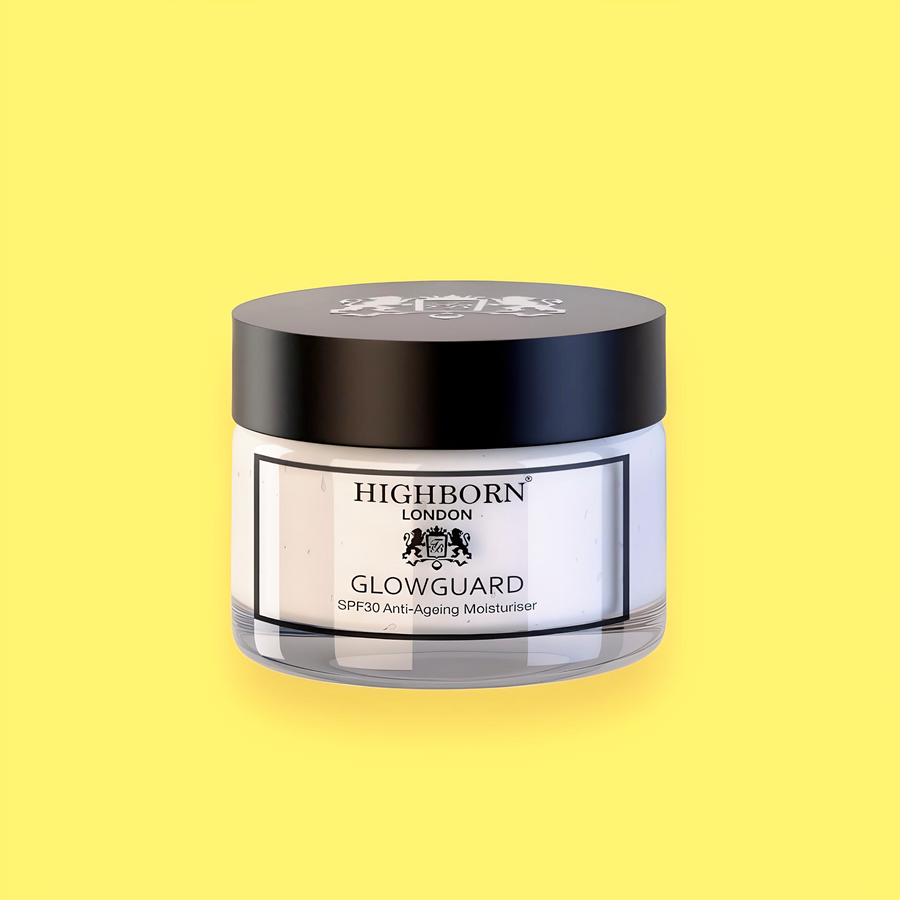 Highborn London Glowguard moisturizer jar on a yellow background