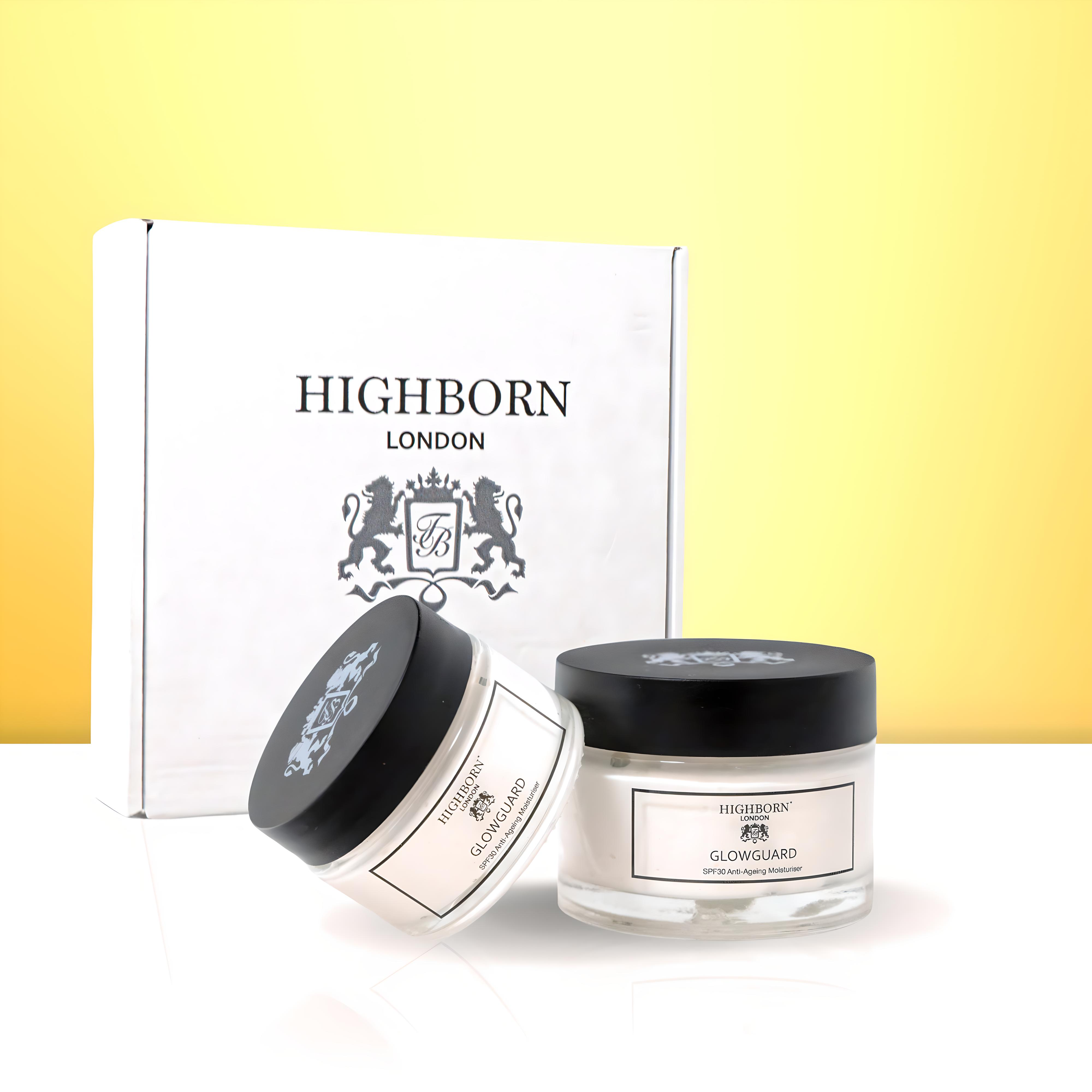 Two jars of Highborn London skincare product with a box in the background.