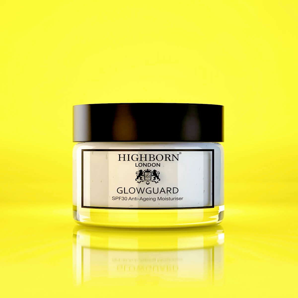Highborn London Glowguard moisturizer jar on a yellow background