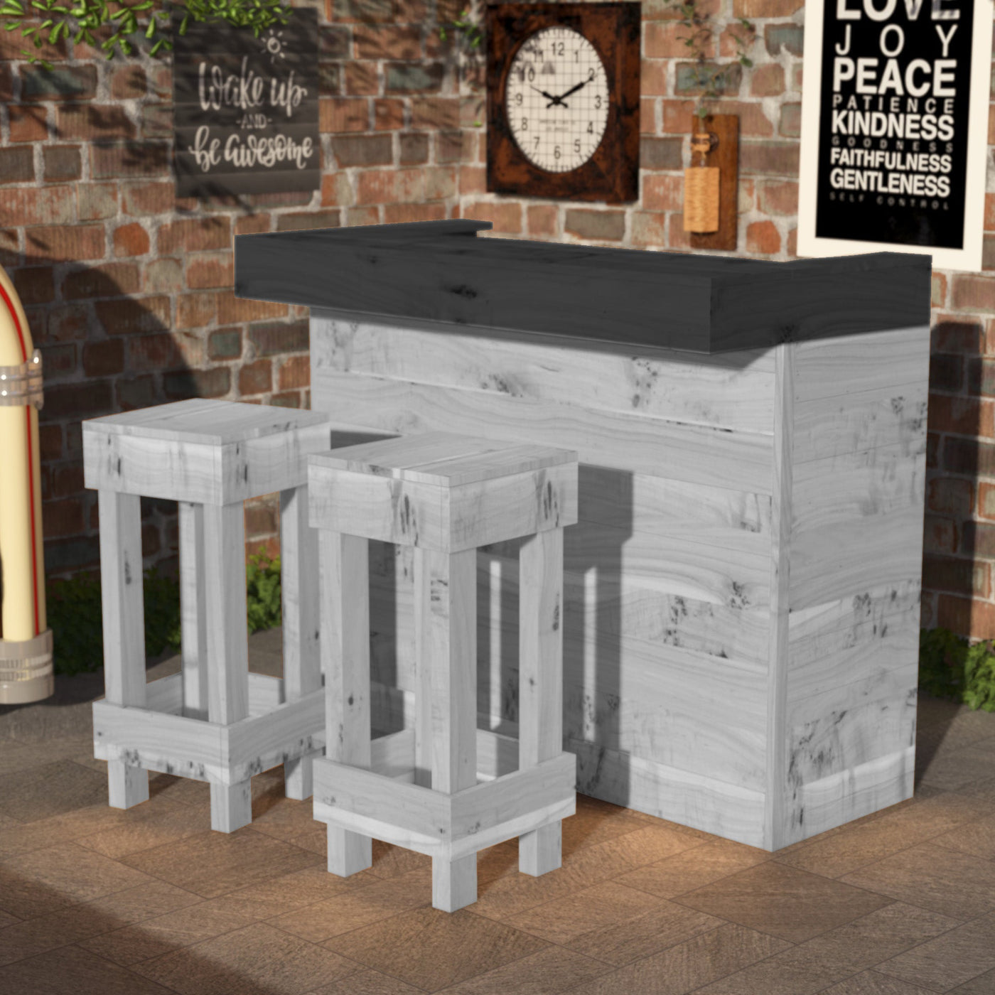 Outdoor bar set with gray wooden stools and a black countertop against a brick wall.