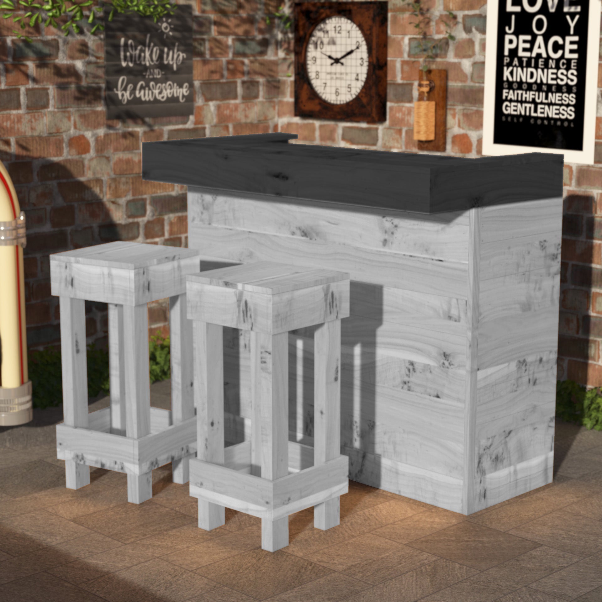 Outdoor bar set with gray wooden stools and a black countertop against a brick wall.