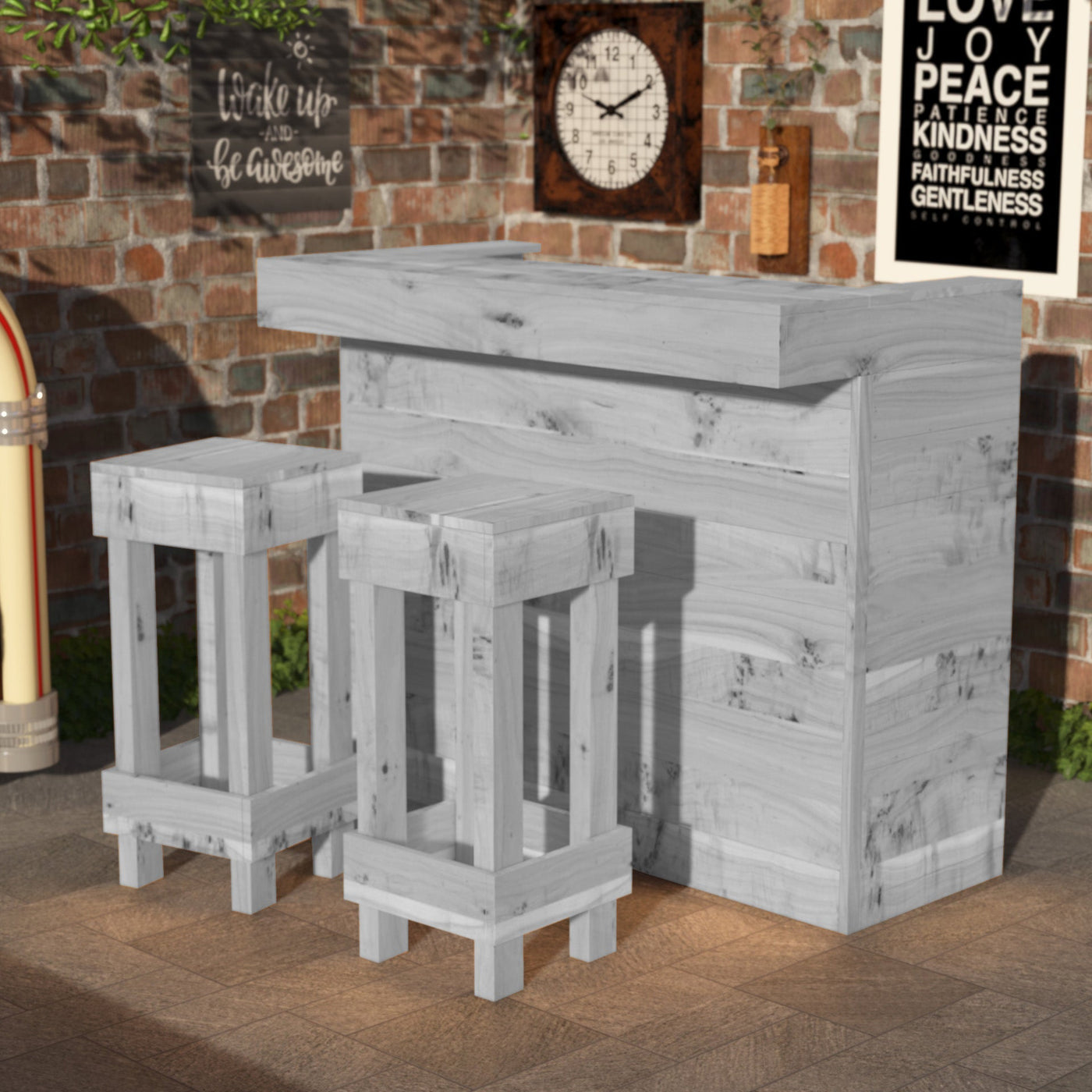 Wooden outdoor furniture set with stools and a table against a brick wall.