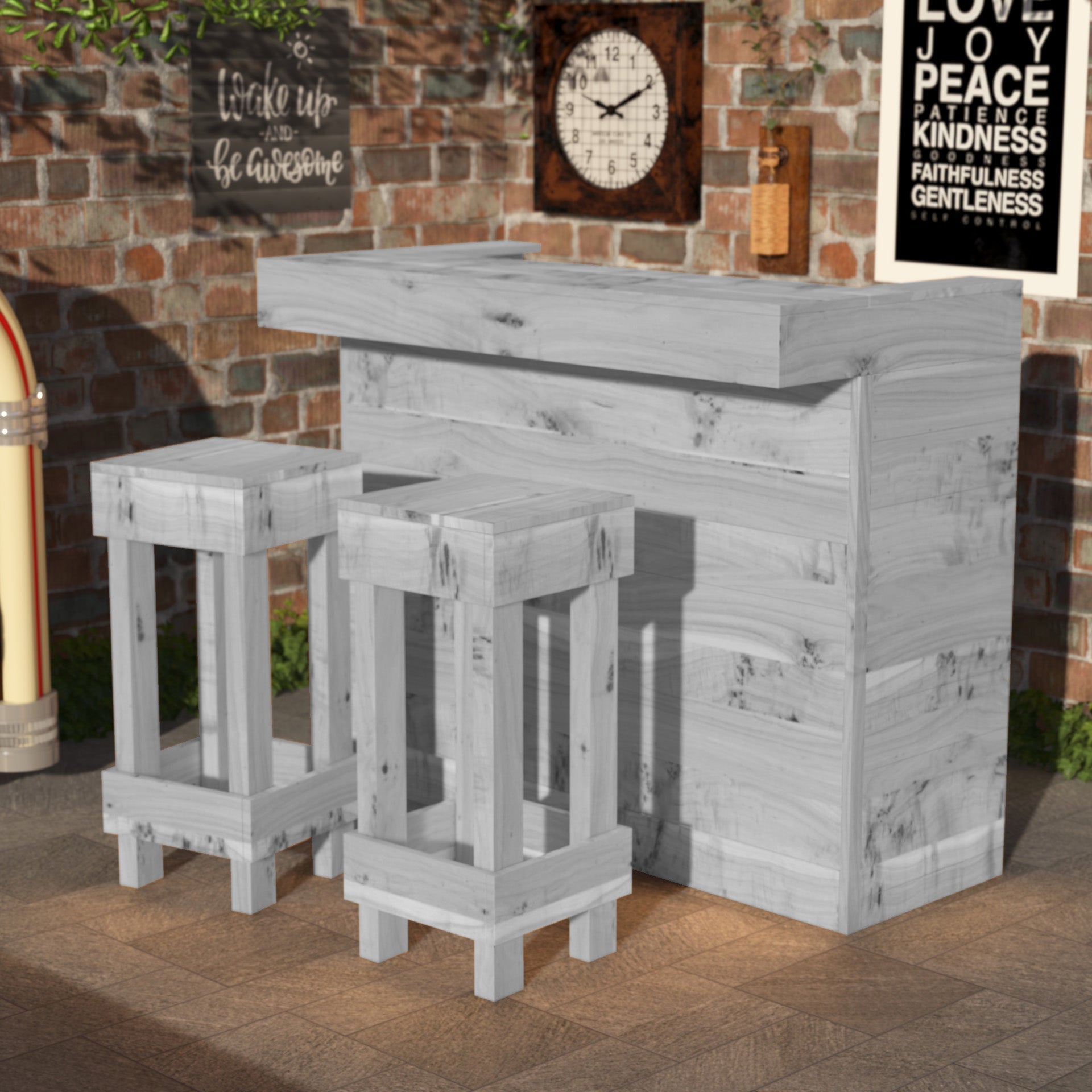 Wooden outdoor furniture set with stools and a table against a brick wall.