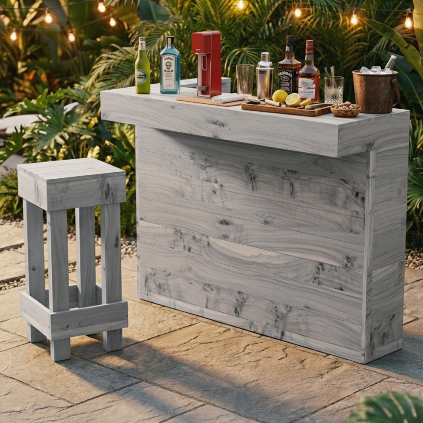 Outdoor bar setup with drinks and a stool on a patio