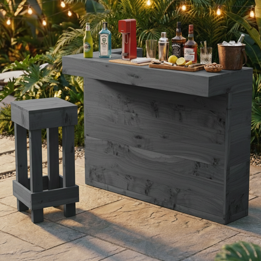 Outdoor bar setup with drinks and a stool in a garden setting