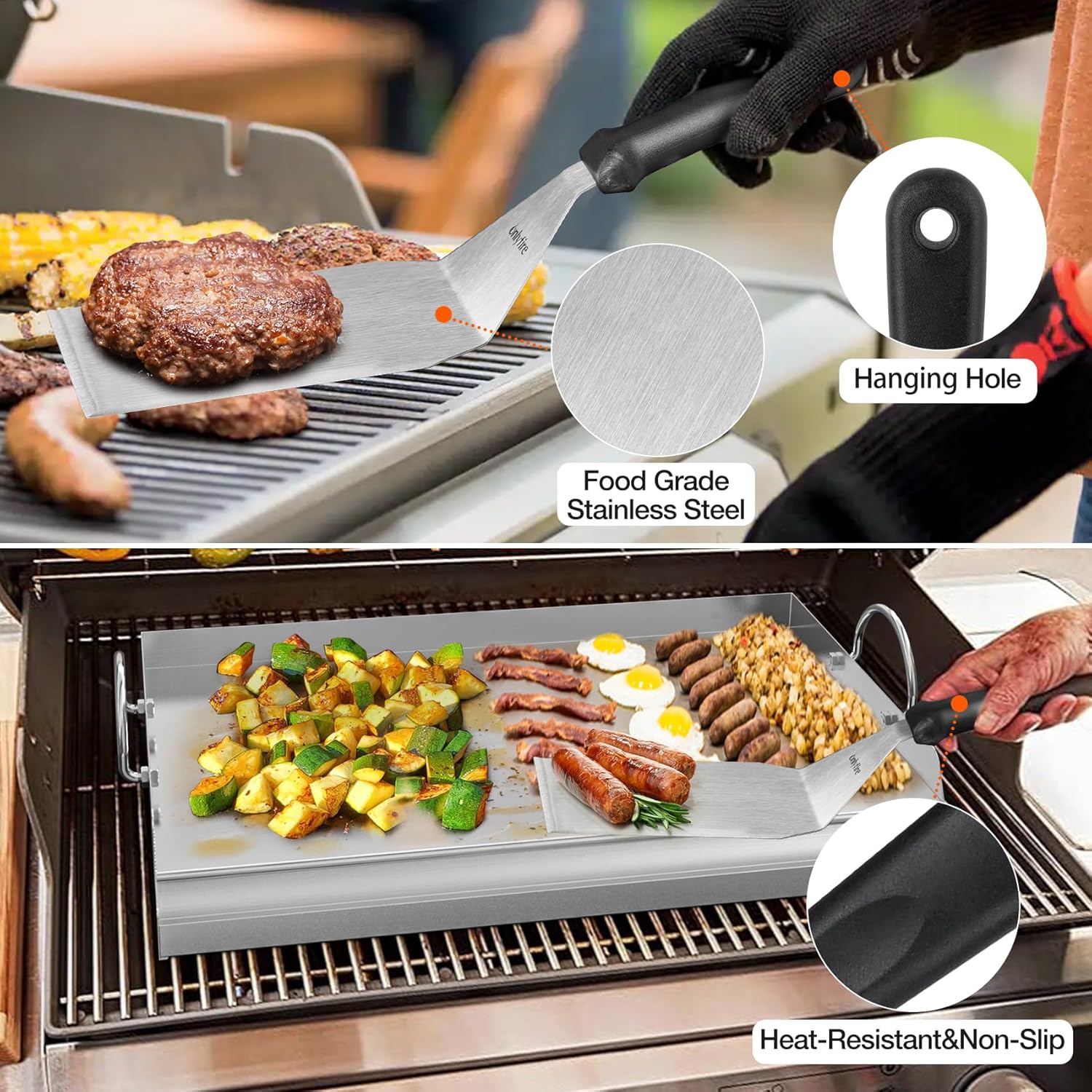 Grilling pan with food on a grill, showing features like hanging hole and heat-resistant surface.