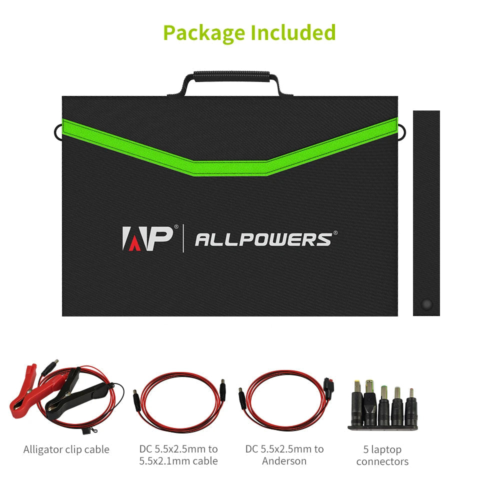 Allpowers solar charger package with components on a white background