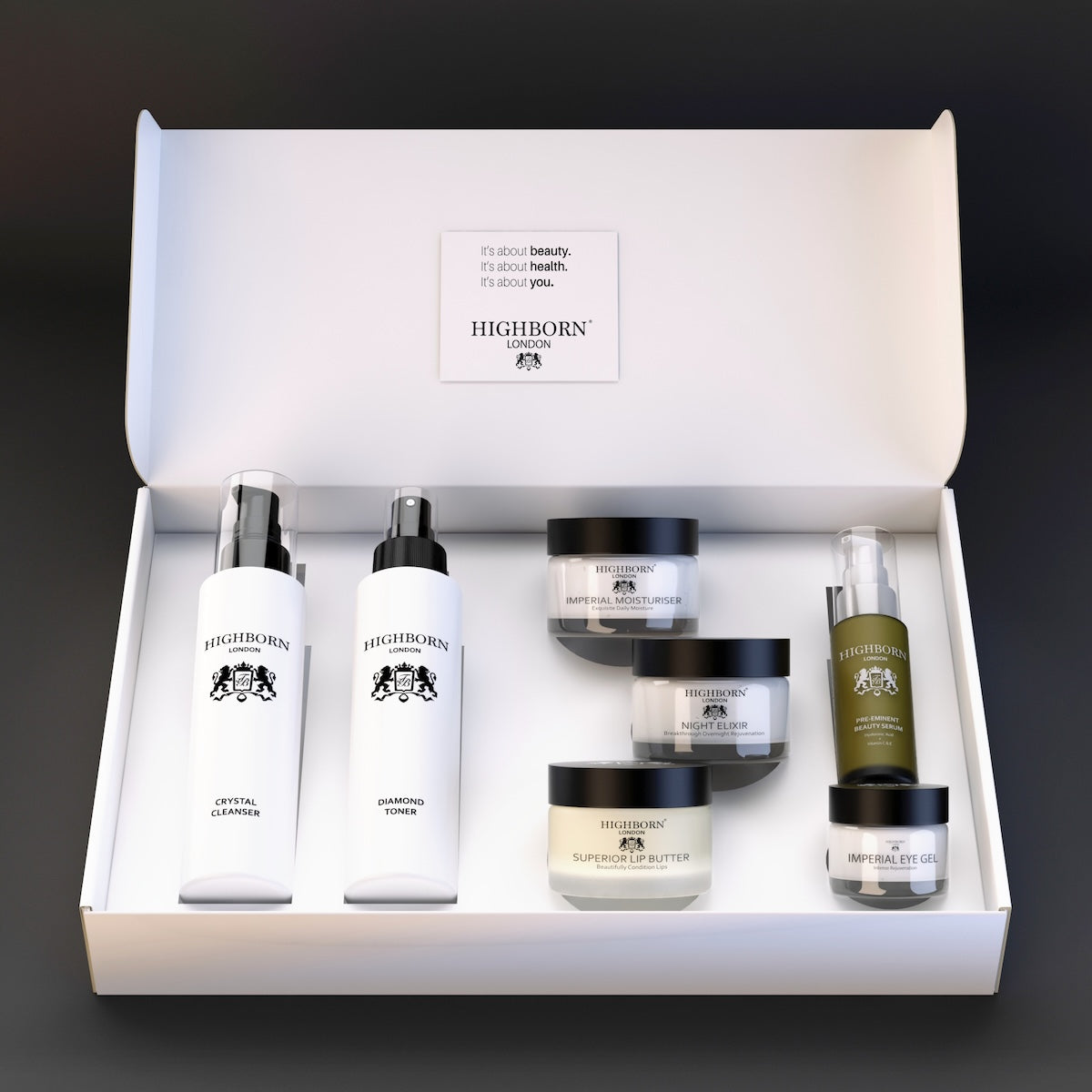 Skincare product set in a Highborn box on a dark background