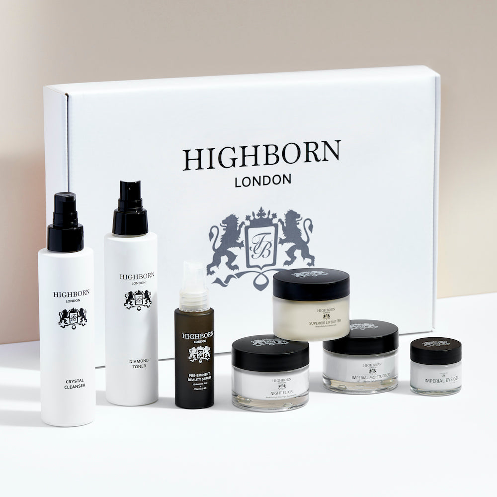 Highborn London skincare products on a white surface with a branded box in the background.