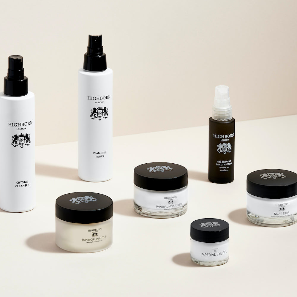Collection of Highborn skincare products on a light background