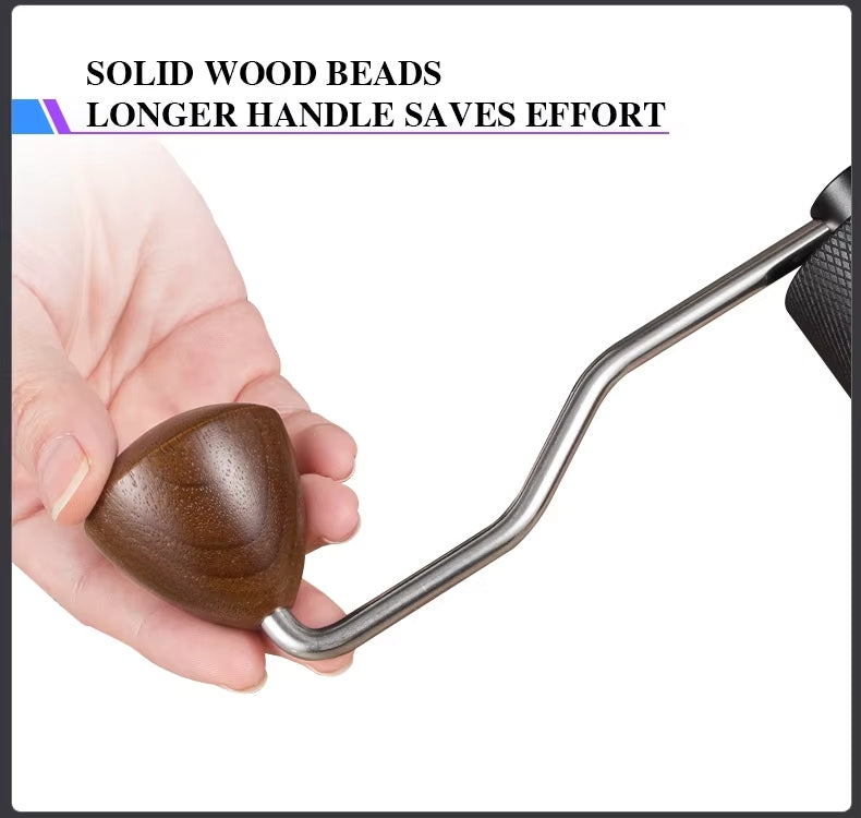 Hand holding a tool with a wooden bead and metal handle, text 'SOLID WOOD BEADS LONGER HANDLE SAVES EFFORT' above.