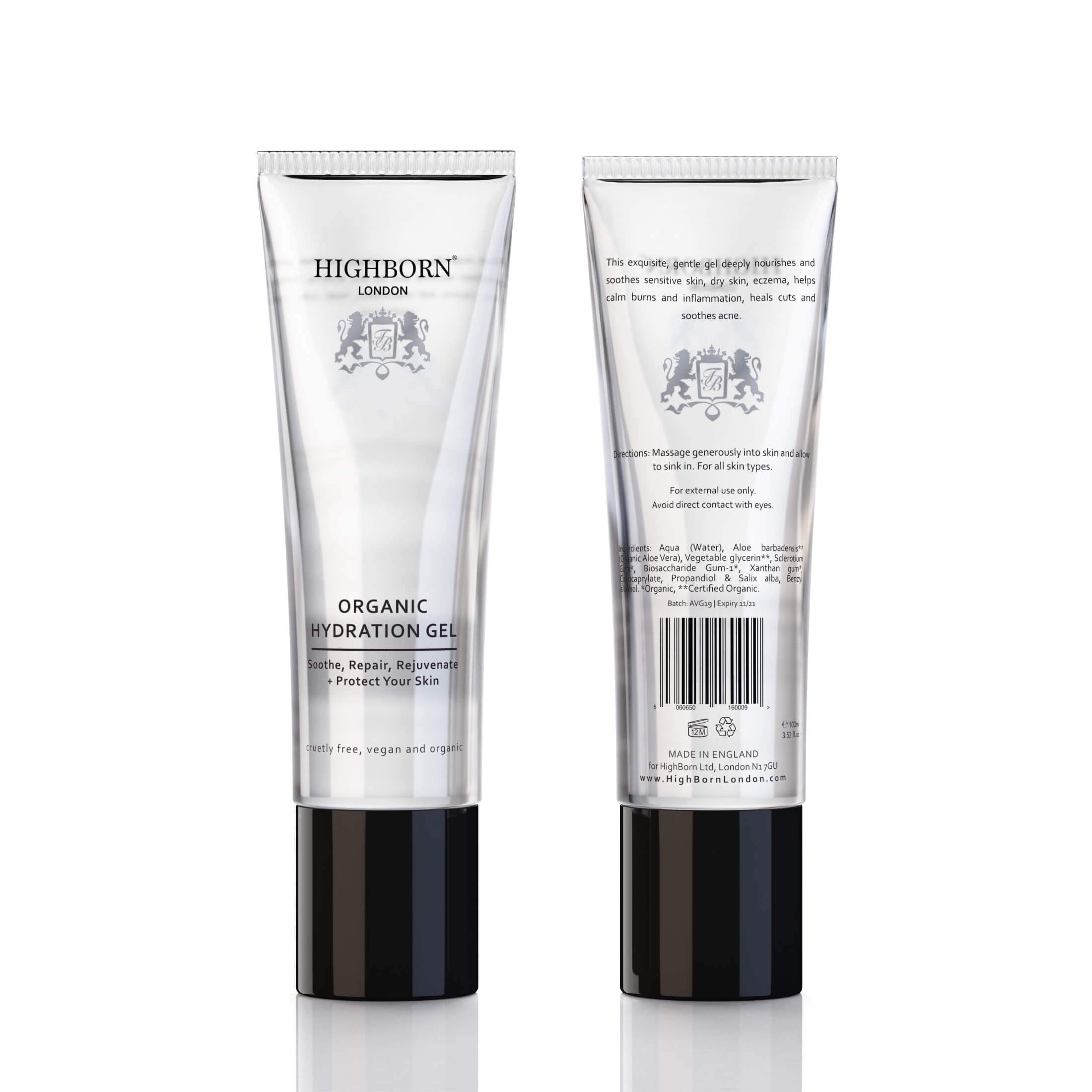 Highborn Organic Hydration Gel tube with front and back views on a white background