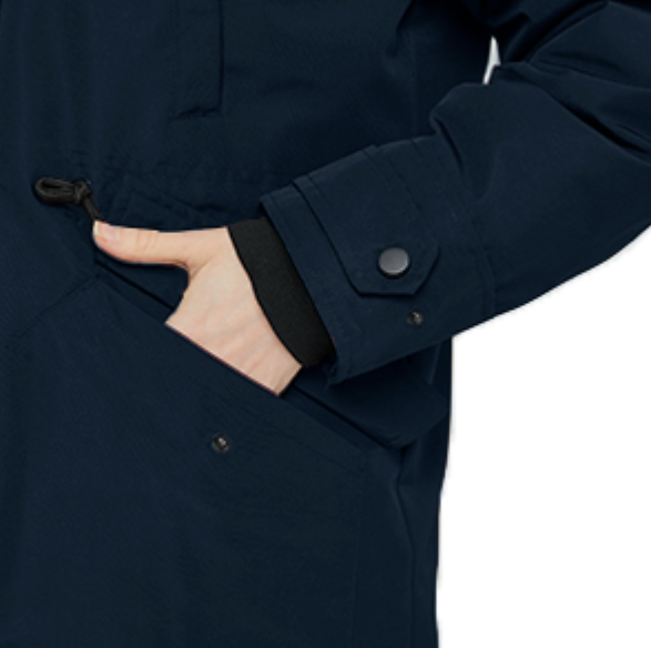 Navy blue jacket with a hand in the pocket on a white background