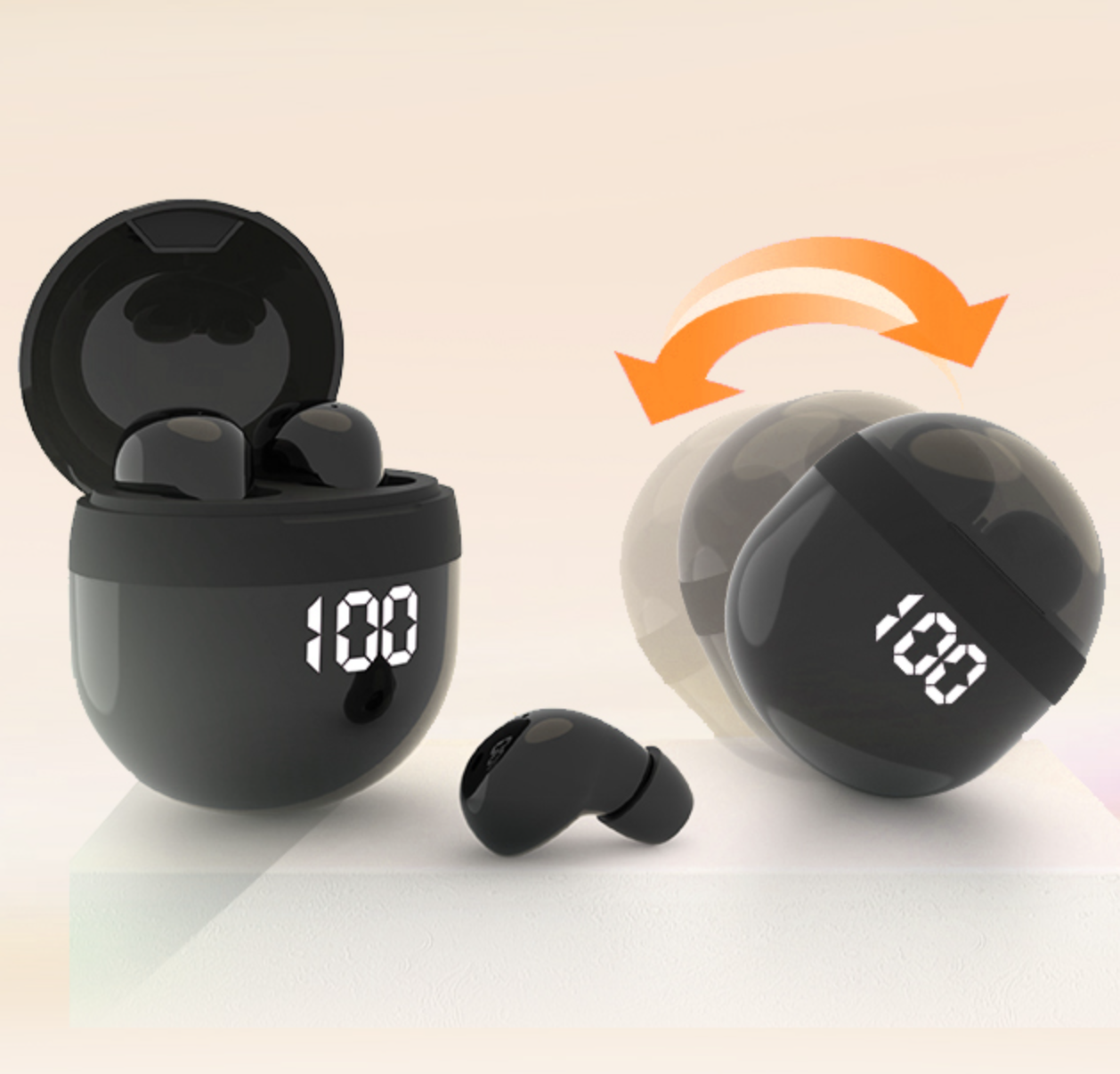 Black wireless earbuds with charging case on a light background