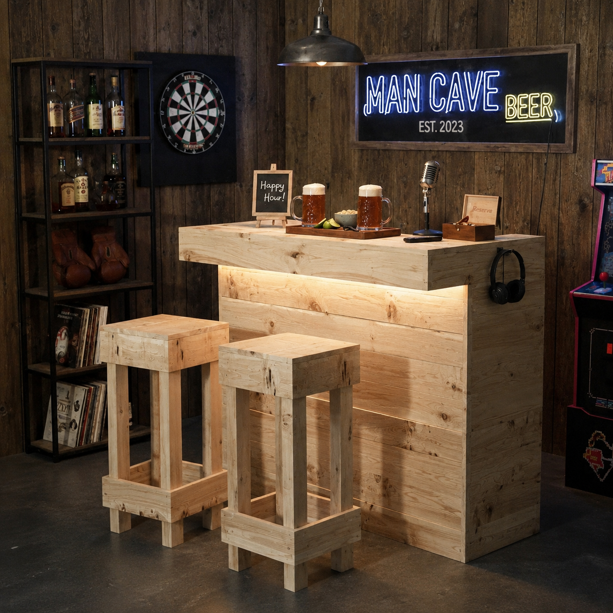 Garden Bar Set Wooden Bar Stools  with LED Outdoor Bar Table Rustic