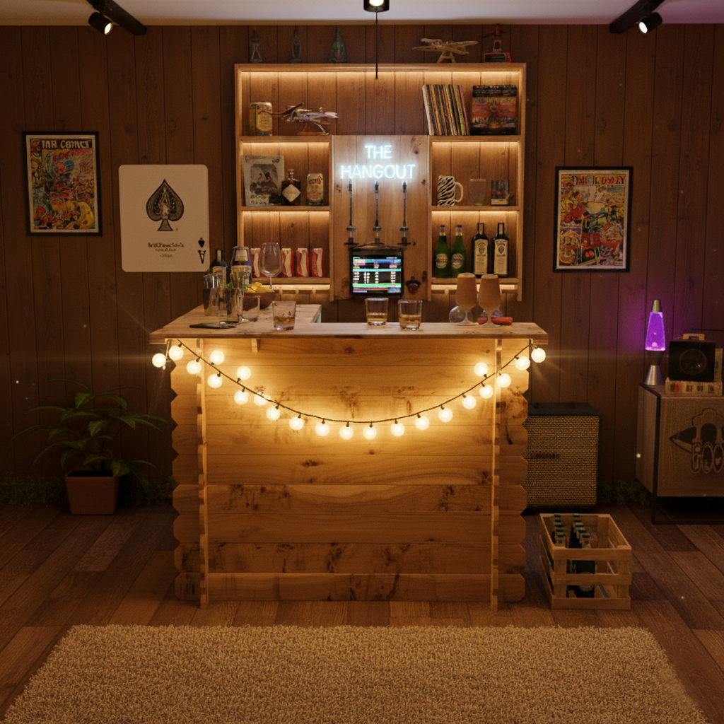 Wooden bar setup with shelves, bottles, and decorative lights in a cozy room.