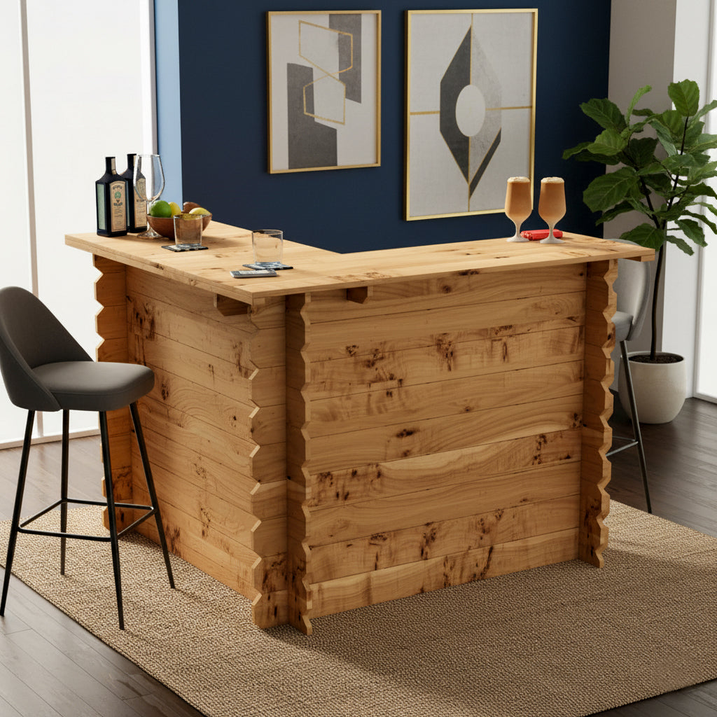 Wooden bar counter with bar stools in a room with blue walls and decorative items.