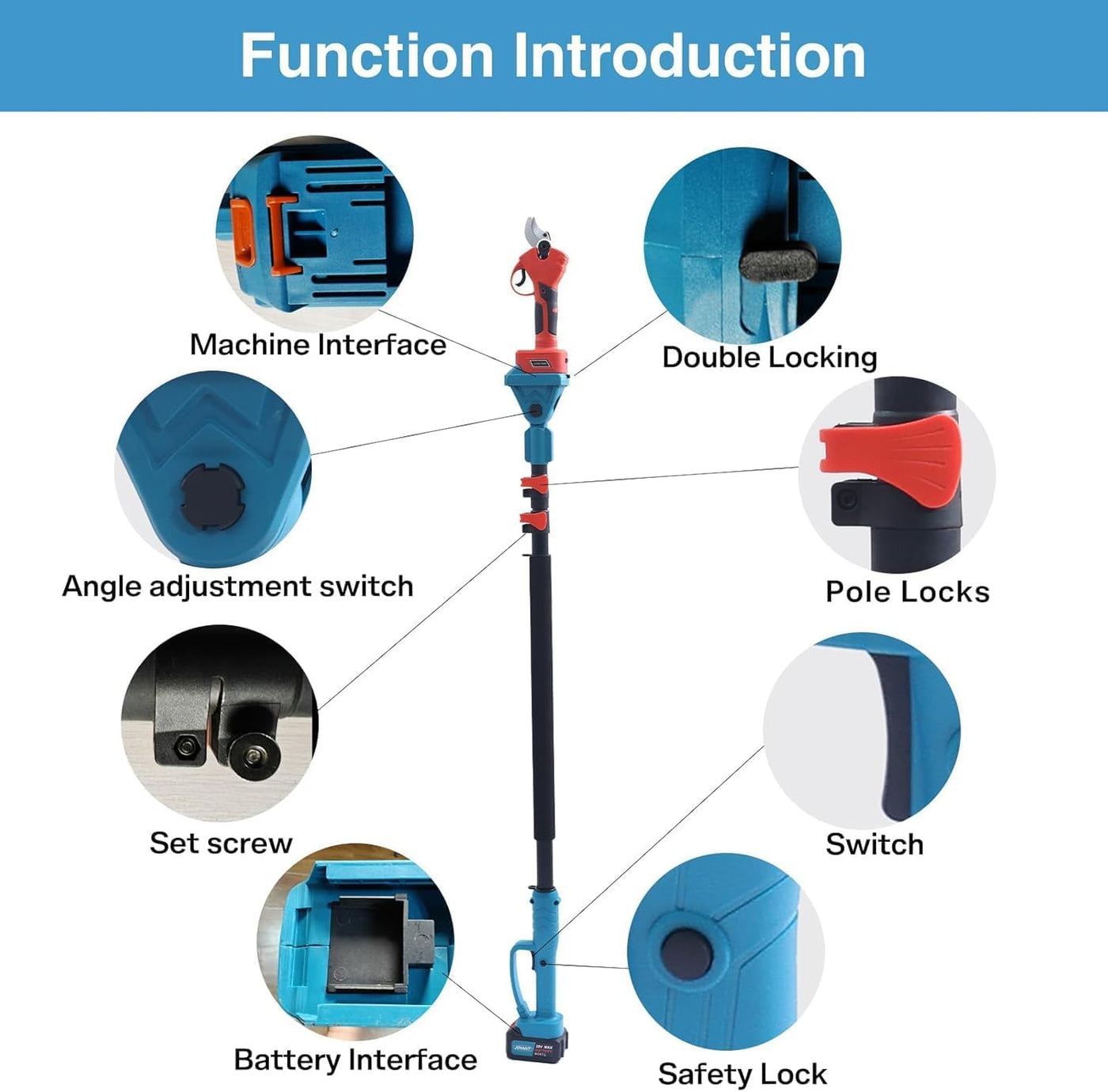 Illustration of a telescopic pole with labeled parts on a white background