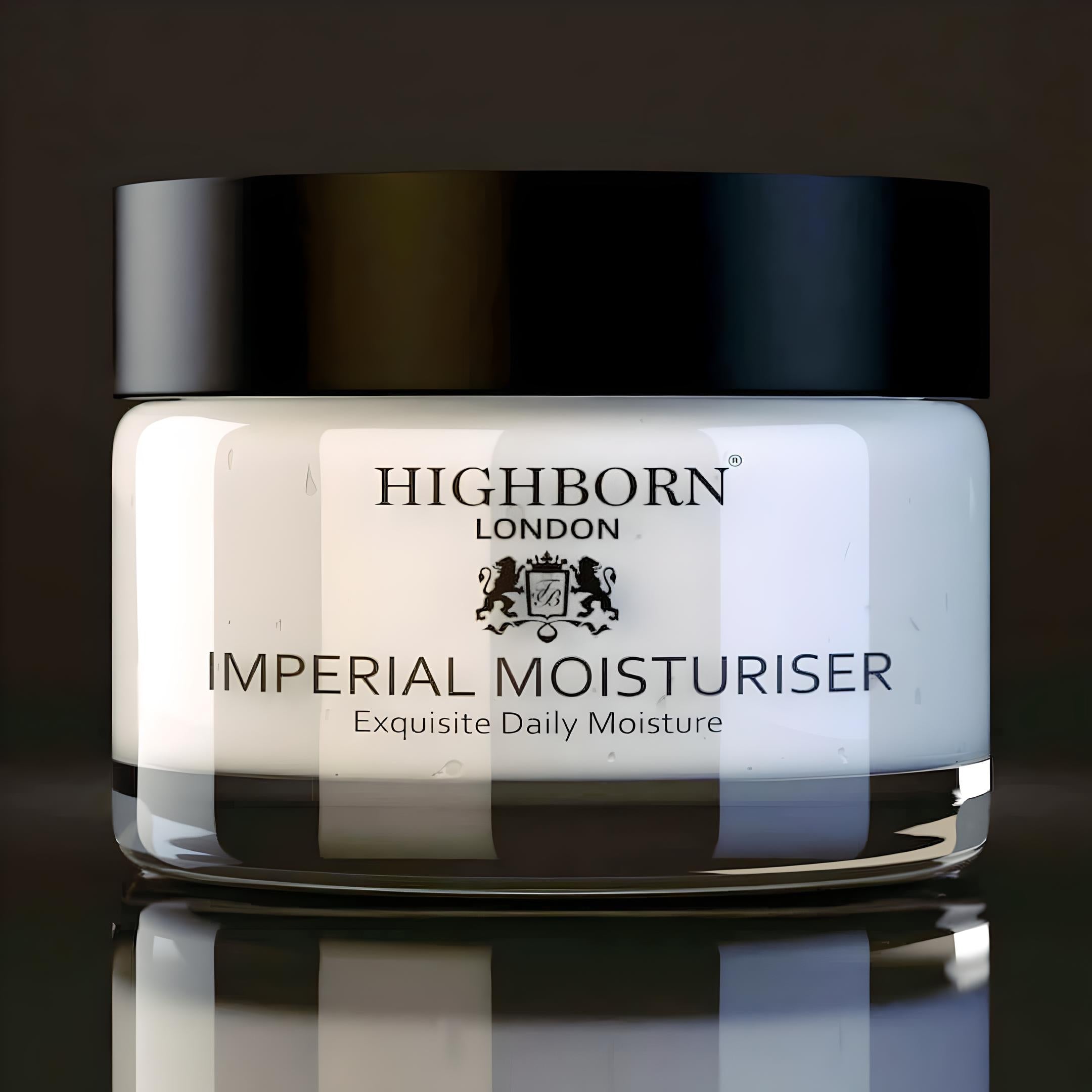 Jar of Highborn London Imperial Moisturiser on a reflective surface with a dark background
