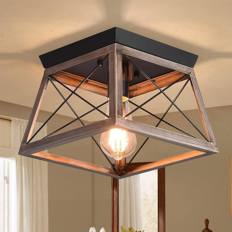Industrial Flush Mount Ceiling Light with Square Metal Cage Rustic - Massive Discounts