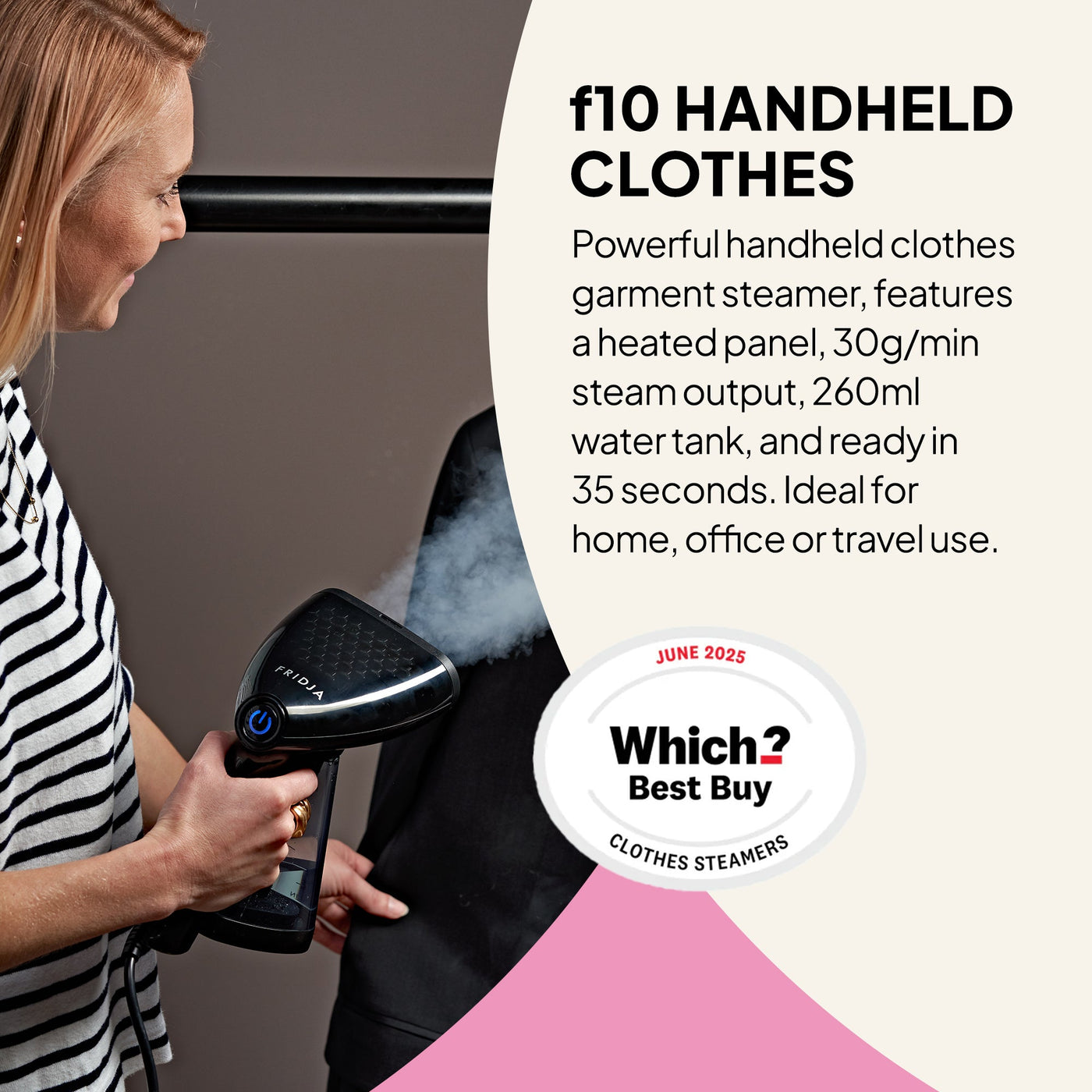 Person using a handheld clothes steamer with product details and Which? Best Buy badge.