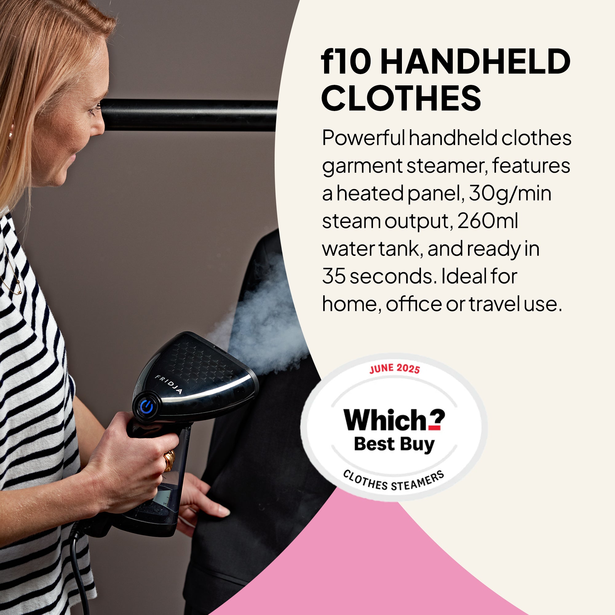 Person using a handheld clothes steamer with product details and Which? Best Buy badge.